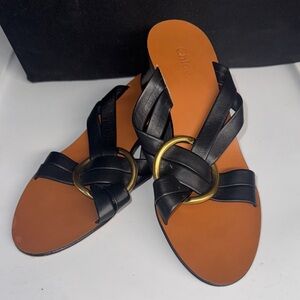 Chloe Black and Tan Sandals with Gold Ring